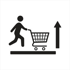Customer pushing empty shopping cart. Food inflation icon