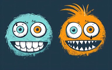 Fototapeta premium Two cartoon monsters with big eyes and big smiles full of teeth. Imitation of a painted picture. Illustration for banner, poster, cover, brochure or presentation.