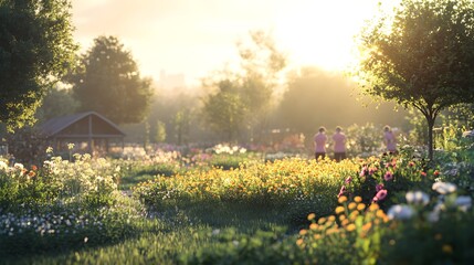 Obraz premium A serene scene of a community garden with people in pink shirts, tending to blooming flowers, surrounded by soft sunlight, Realism, Soft focus, Pastel colors.
