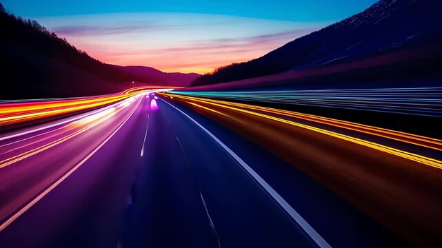 Long exposure of highway traffic at dusk with colorful light trails, symbolizing speed, transportation, and urban mobility at night.

