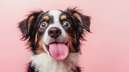 A playful and hungry Australian Shepherd puppy licking its lips with its tongue, set against a pastel pink background, evoking a cheerful summer or spring vibe.






