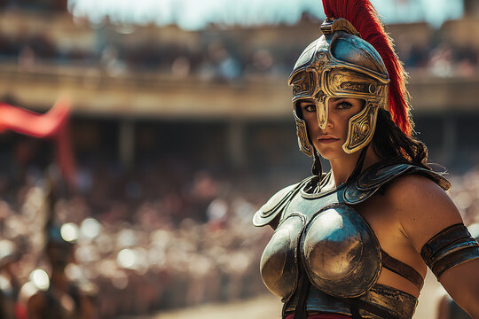 Female Gladiator's Valor: Poised and Powerful in Vibrant Roman Arena  