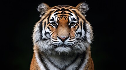 Fototapeta premium A close-up of a tiger's face looking into the camera. An animal in its natural habitat. A wild striped cat. Illustration for cover, interior design, banner, brochure.