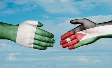 Jordan and Nigeria country handshaking with flags, consensus concept international co-operation illustration