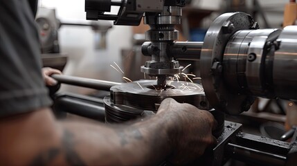 The hands of a milling machine operator working in the factory shop. Universal turner at work. Specialist at the plant. Illustration for cover, postcard, interior design, brochure or presentation.