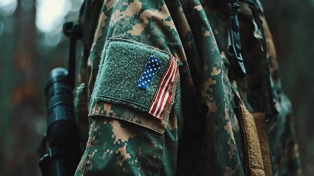 American Soldier in Camouflage Uniform Stands in a Forested Area Generative AI