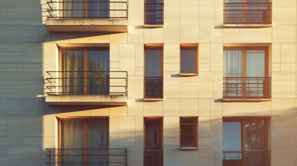Fototapeta premium Modern Parisian building, minimalist facade, full wall with windows and doors, warm sunlight, tranquil atmosphere, no people around.