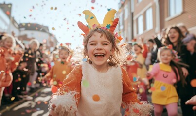 Group of children dressed as funny characters on street carnival with confetti. New Year, December. Halloween children. Celebration Wallpaper, poster.