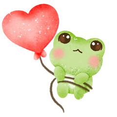 A watercolor hand drawn cute illustration for love valentines day invitations greetings heart printable a frog tied to a heart shaped balloon 