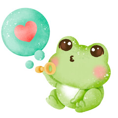 A watercolor hand drawn cute illustration for love valentines day invitations greetings heart printable a frog blowing a heart bubble 