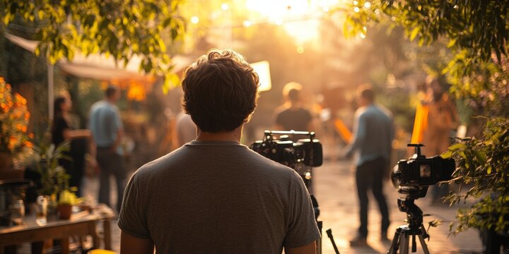 Film producer supervising rehearsal, cast and crew softly blurred in bright sunlight, vibrant outdoor set creating an energetic atmosphere