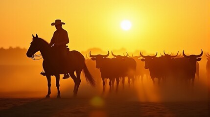 Fototapeta premium Silhouette of a Cowboy on Horseback Managing a Herd of Cattle On a Dusty Plains During Sunset