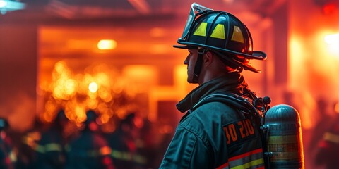 Firefighter Safety Training Session, firefighter instructing group on safety techniques, warm lighting enhancing educational environment, training facility backdrop