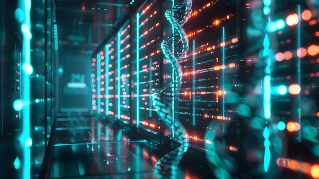 Futuristic Server Room with Glowing DNA Strands Representing Digital Data Storage - Powered by Adobe