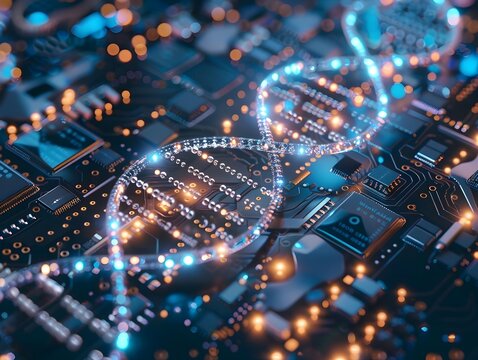 Futuristic Computer Chip with DNA Circuitry Merging Biological and Digital Technology for Data Storage Concept