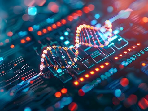 Futuristic Microchip with DNA Strands as Circuitry Merging Biological and Digital Technology - Powered by Adobe