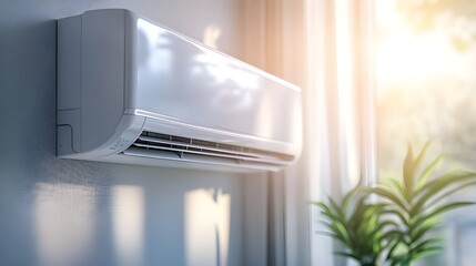 low angle, home, illustrates heatsources in a home, heat pump on wall, scandinavian home