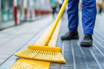 A worker uses a yellow broom to clean a city sidewalk, emphasizing public sanitation, street maintenance, and cleanliness.