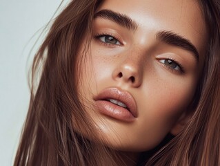 Fototapeta premium Studio beauty shot of young beautiful woman with long silky dark brown hair for hair product advertising poster.Macro.AI Generative.