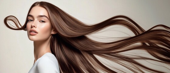 Studio beauty shot of young beautiful woman with long silky dark brown hair for hair product advertising poster.Macro.AI Generative.