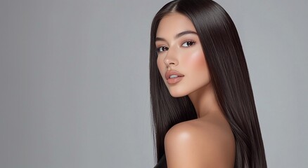 Studio beauty shot of young beautiful woman with long silky dark brown hair for hair product advertising poster.Macro.AI Generative. - obrazy, fototapety, plakaty