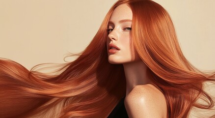 Beautiful woman model with long ginger red silky shining hair for hair products advertising on beige background.Macro.AI Generative.