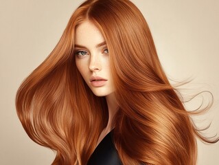 Beautiful woman model with long ginger red silky shining hair for hair products advertising on beige background.Macro.AI Generative.