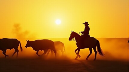 Fototapeta premium Silhouette of a Cowboy on Horseback Managing a Herd of Cattle On a Dusty Plains During Sunset