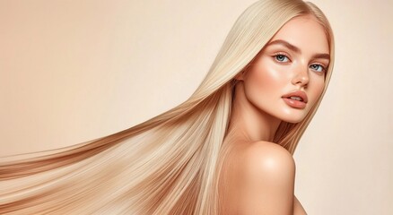 Beautiful woman model with long blond silky shining hair for hair products advertising.AI Generative.