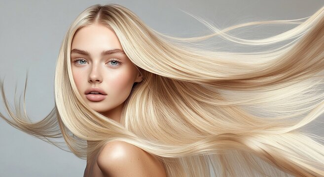 Beautiful woman model with long blond silky shining hair for hair products advertising.AI Generative.