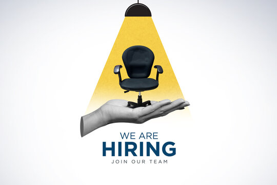 We are hiring. Join our team announcement. Hiring recruitment concept hand holding a office chair.