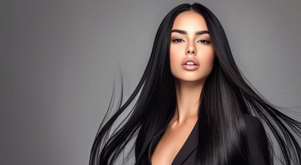 Young beautiful woman model brunette with long black silky shining hair for hair products advertising.Macro.AI Generative.