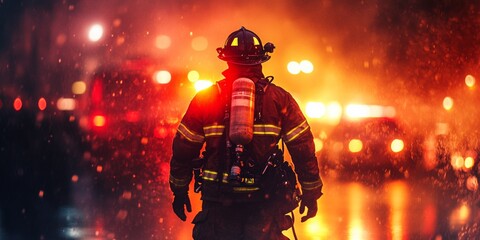 Firefighter Leaving Scene, a heroic figure retreats from a fiery backdrop, bright lights illuminating the conclusion of a brave operation