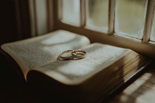 Two Gold Wedding Bands Resting on an Open Book - Powered by Adobe