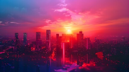 Mesmerizing Neon City Skyline at Dramatic Sunset with Vibrant Color Gradient
