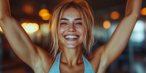 Celebrating Success, a fitness trainer joyfully acknowledges a client's achievement, warm light enveloping the moment in a vibrant gym setting