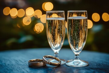Two Champagne Flutes with Wedding Rings on a Wooden Table