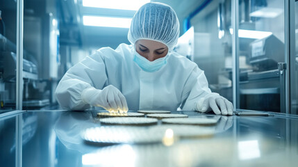 worker inspecting semiconductor wafers in cleanroom environment, showcasing precision and attention to detail in semiconductor manufacturing process