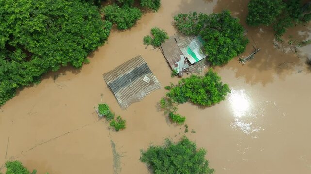 Rescue drone searching people in flooding in Southeast asian due to heavy rains and La Nina phenomenon.