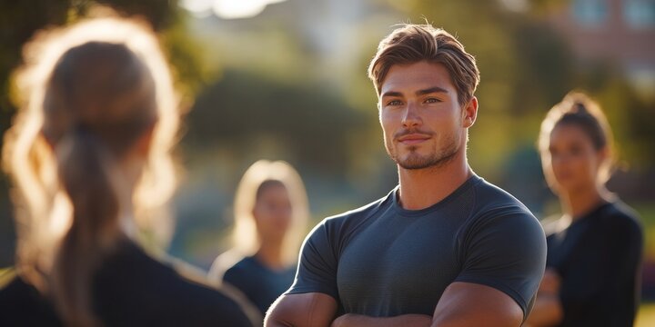 Fitness trainer guiding boot camp session, clients engaged in dynamic workouts, vibrant outdoor backdrop enhancing energetic atmosphere