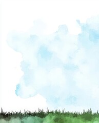Abstract watercolor background with soft blue clouds and green grass.