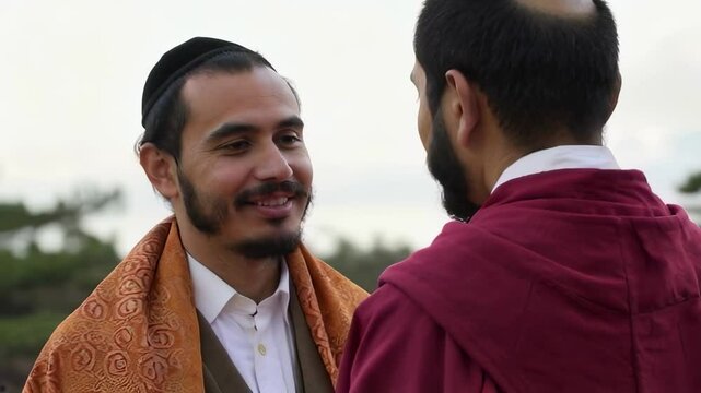 Jewish rabbi and Buddhist monk engaged in conversation outdoors