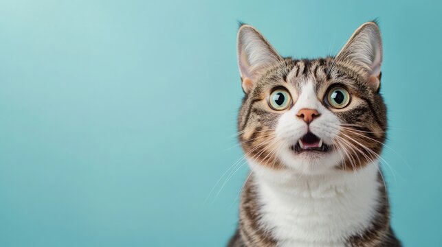 angry cat with shock sad expression eyes on isolated blue background with copy space