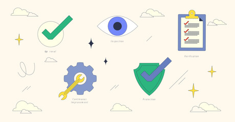 Icons of approval, inspection, and verification in a neubrutalism style collection.