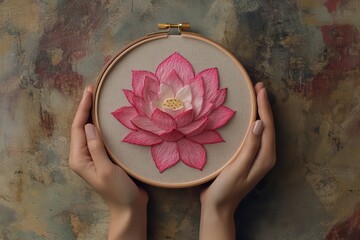 Lotus embroidery in hoop, handmade background