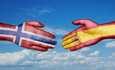 Spain and Norway country handshaking with flags, consensus concept international co-operation illustration