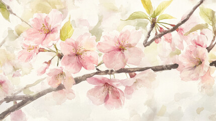 Delicate pink cherry blossoms painted in soft watercolors create serene and tranquil atmosphere, evoking feelings of peace and beauty in nature