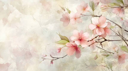 Delicate pink cherry blossoms painted in soft watercolors create serene and tranquil atmosphere, evoking feelings of peace and beauty in nature