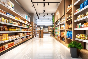 Fototapeta premium Supermarket Interior with Shelves of Groceries.