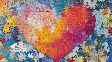 A colorful jigsaw puzzle with missing center pieces in the shape of a heart, symbolizing love, connection, and the idea of finding the missing piece to complete something meaningful.